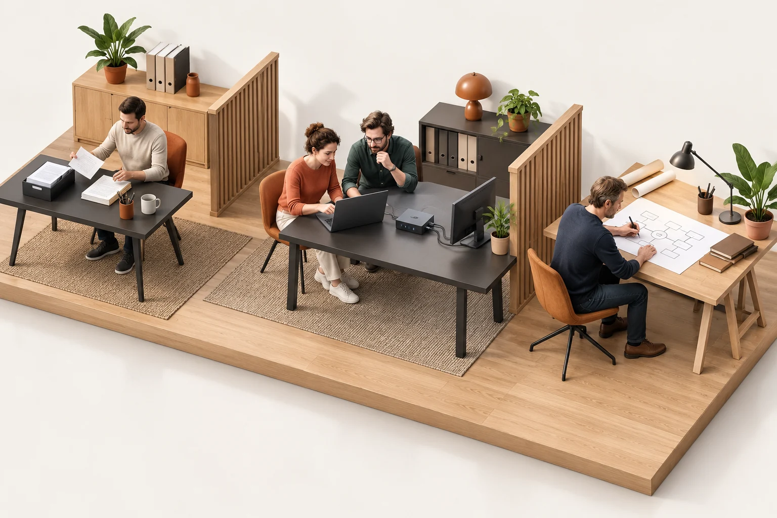 Isometrische werksituatie met handmatige overdracht, een standaardkoppeling en een maatwerkroute.