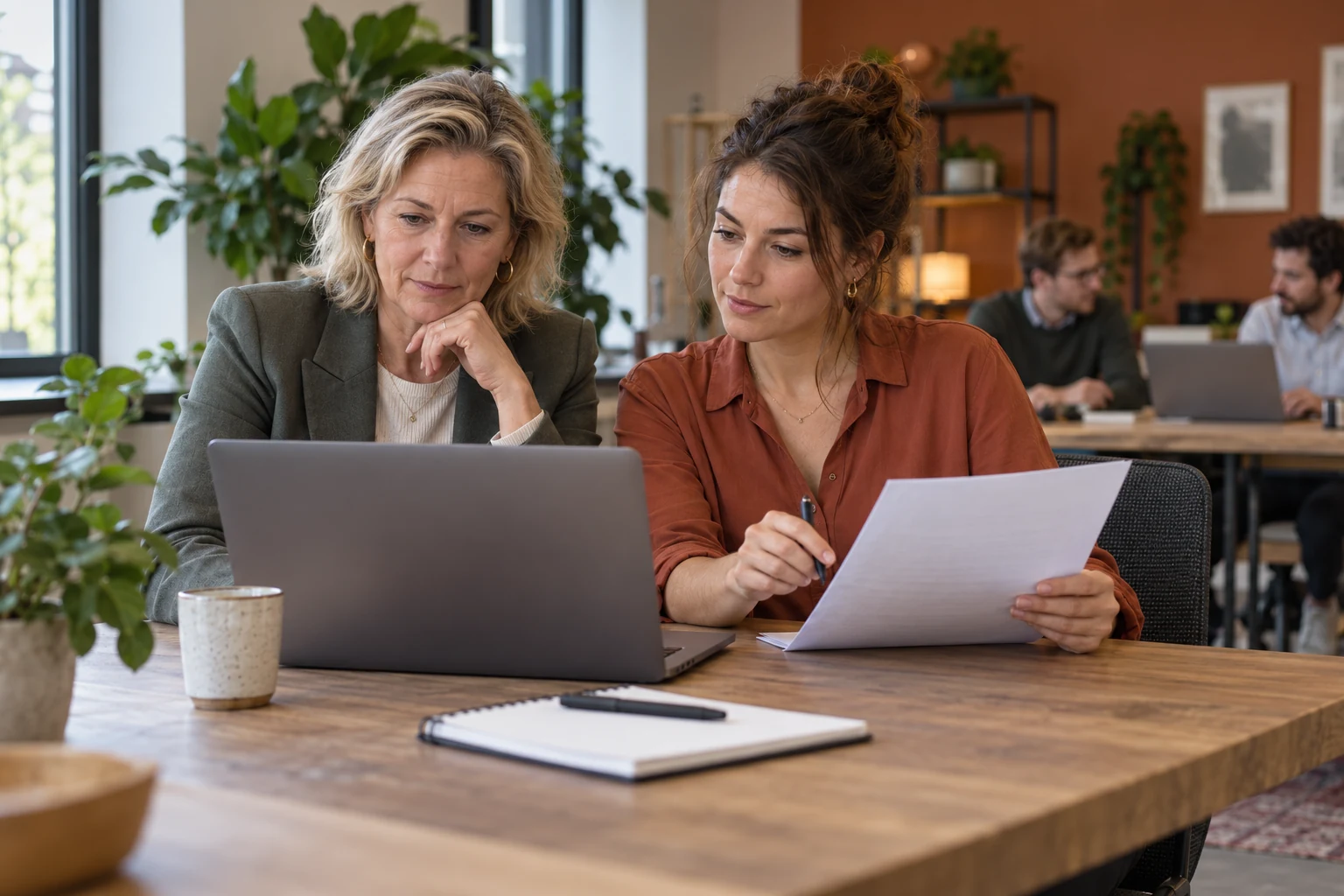 Fictieve herkenbare werksituatie in een warm Nederlands kantoor